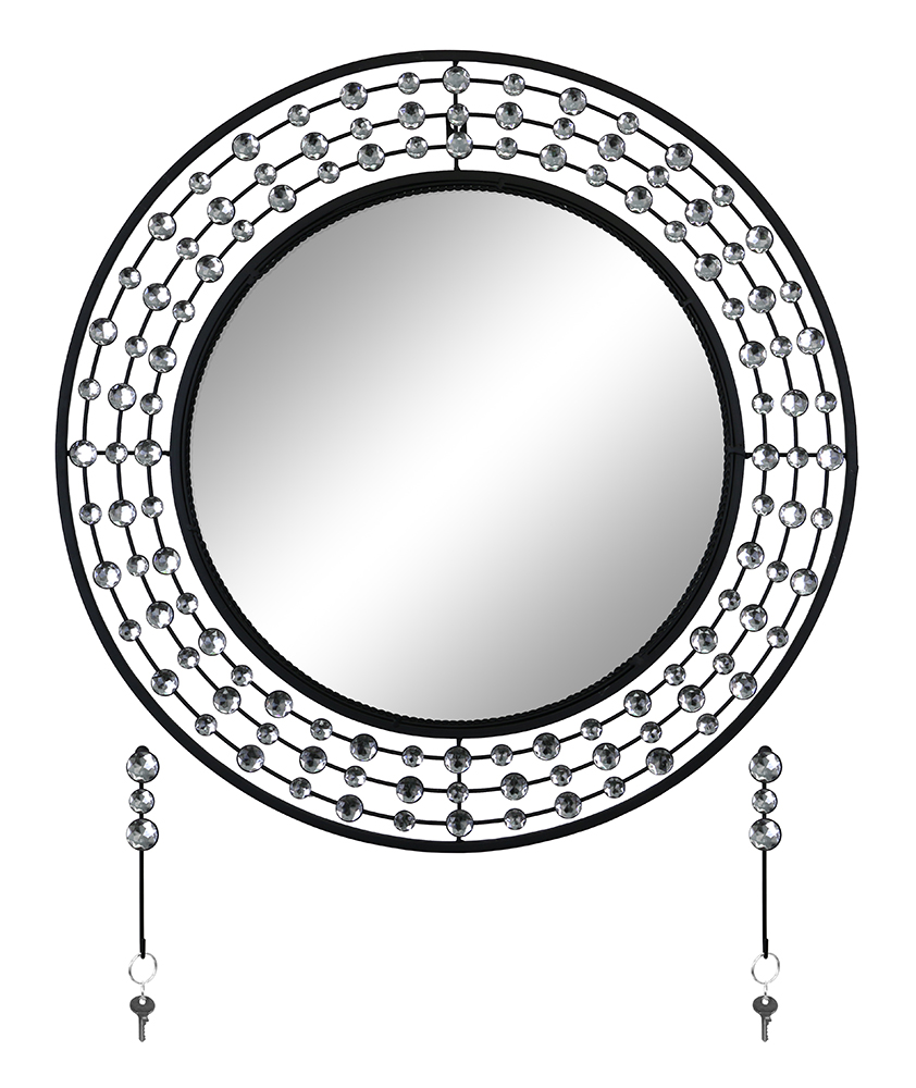 24" WALL MIRROR WITH KEY CHAIN HOOKS, SILVER & BLACK