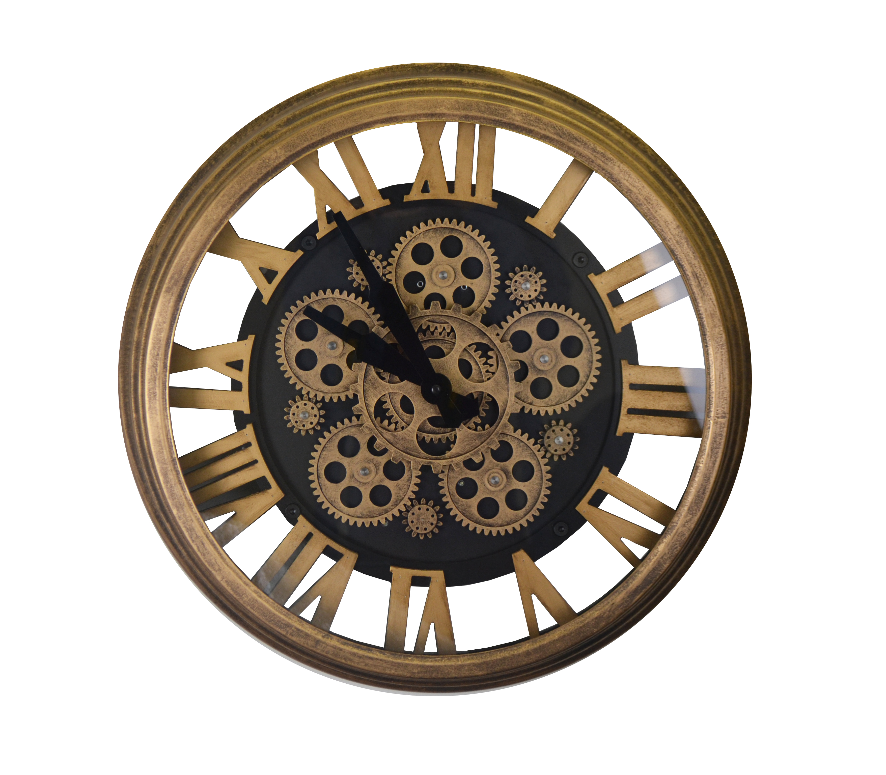 Steampunk Style Gold & Black Metal Wall Clock Moving Gears w/Roman Numerals