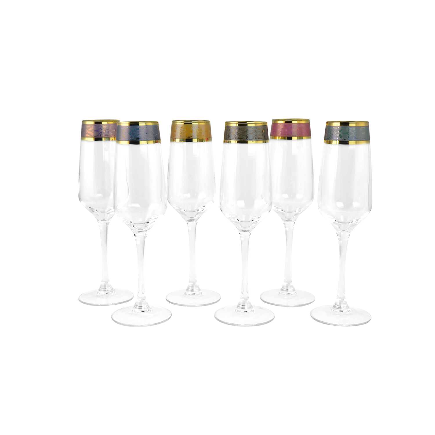 6PC SET OF 8.5" FLUTE GLASS W/ GOLD & 6 COLORS