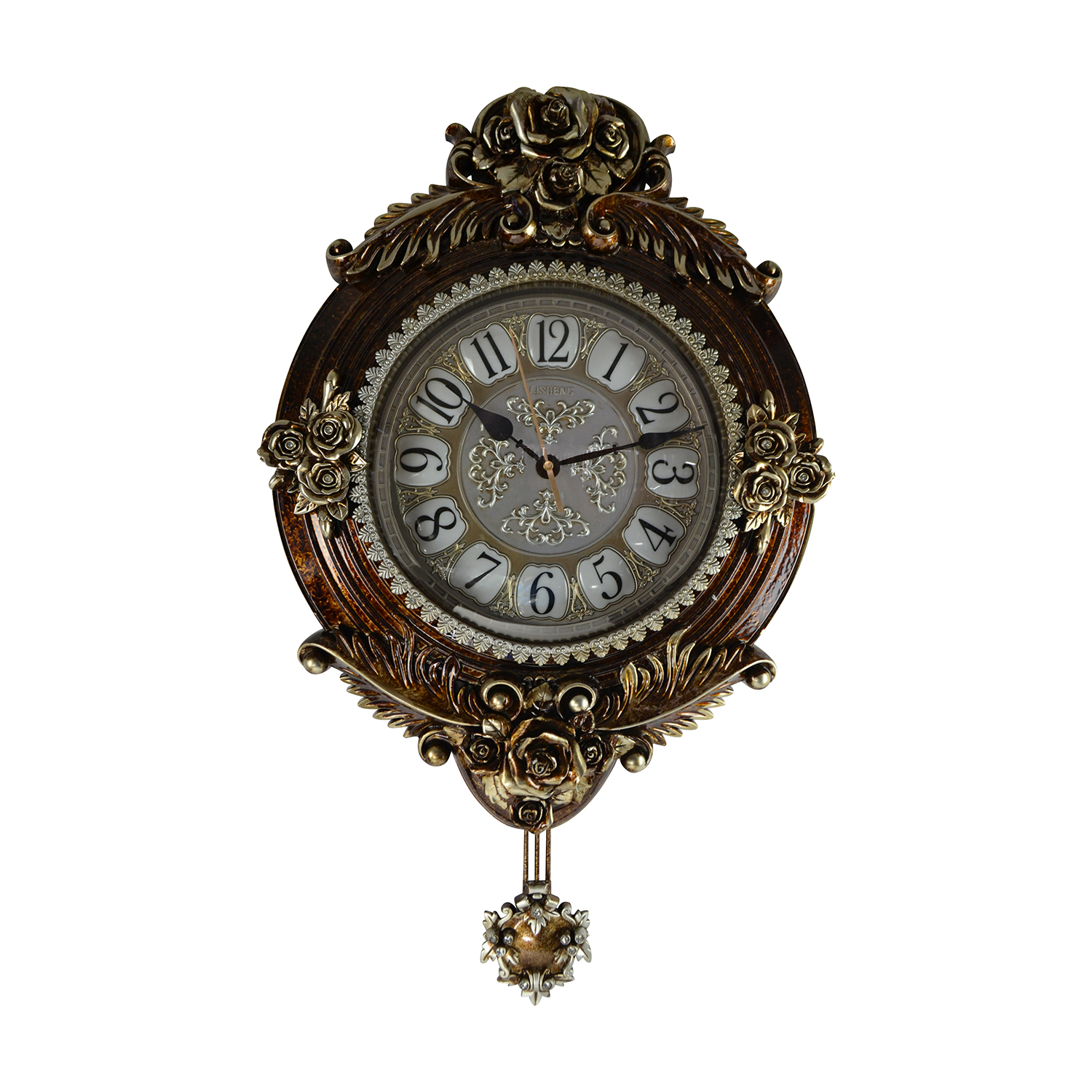 27X16 BROWN & SILVER WALL CLOCK W/ PENDULUM