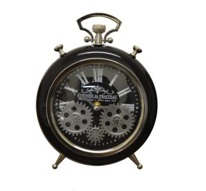 Black Moving Gears Metal Table Clock Pocket Style Roman Numerals Battery Operated