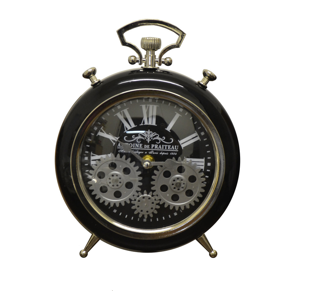 Black Moving Gears Metal Table Clock Pocket Style Roman Numerals Battery Operated