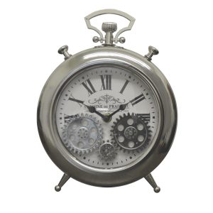 Silver Moving Gears Metal Table Clock Pocket Style Roman Numerals Battery Operated