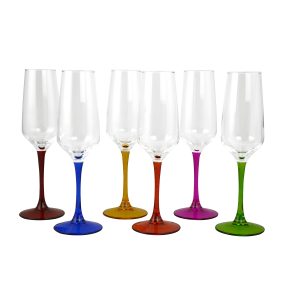 6PC SET OF 8.5" FLUTE GLASS W/ MULTICOLOR STEM