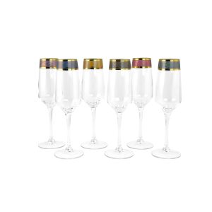6PC SET OF 8.5" FLUTE GLASS W/ GOLD & 6 COLORS