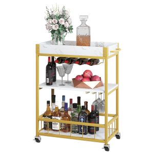 26X14X33 WHT & GOLD BAR CART