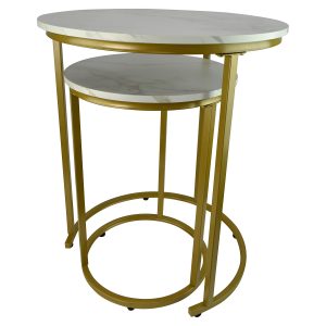 PAIR OF MARBLE STYLE & GOLD NESTED TABLE, 24X20 & 20X14