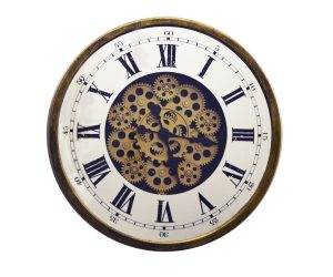Antique Gold & Mirror Metal Wall Clock w/Moving Gears & Roman Numerals, Battery Operated Vintage Wall Clock for Home Or Office Wall Decor