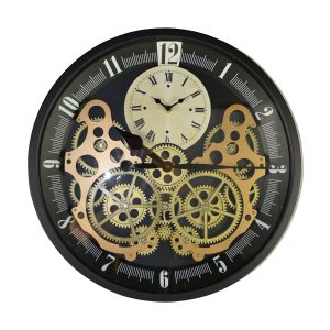 18" BLK WALL CLOCK W/ GOLD GEARS