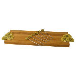 CHEESE BOARD W/ 6 PICKS, GOLD FLOWERS