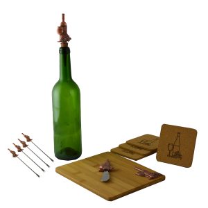 CHEESE BOARD W/ 6 PICKS, COPPER BOTTLE & CUP