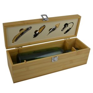 14X5X4.5 NATURAL COLOR WOODEN WINE BOX W/ ACCESSORIES