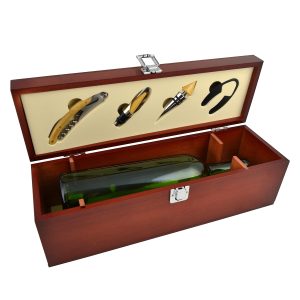 14X5X4.5 CHERRY COLOR WOODEN WINE BOX W/ ACCESSORIES