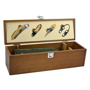 14X5X4.5 WALNUT COLOR WOODEN WINE BOX W/ ACCESSORIES