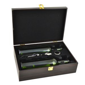 14X9.5X4 BROWN WOODEN DOUBLE WINE BOTTLE HOLDER W/ ACCESSORIES