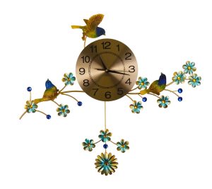 Gold & Blue Three Birds Metal Wall Clock