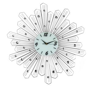 Round Spoke Style Silver Metal Wall Clock Crystal Accents