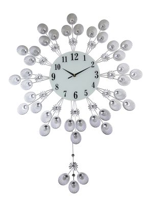 37X27 ROUND WALL CLOCK, SILVER PEACOCK FEATHER STYLE W/ PENDULUM