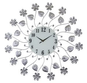 27" ROUND WALL CLOCK, SILVER FLOWERS