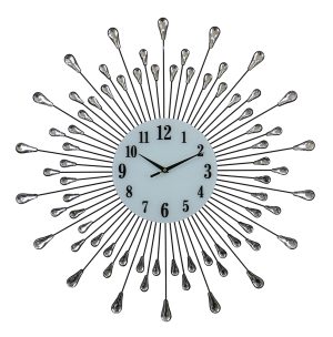 27" ROUND WALL CLOCK, SILVER DROPLETS W/ CRYSTAL