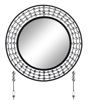 24" WALL MIRROR WITH KEY CHAIN HOOKS, SILVER & BLACK