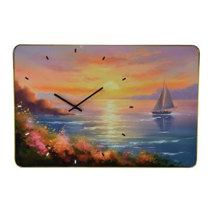 23.5X15.5 WALL CLOCK, SAILBOAT BY MOUNTAIN AT SUNSET