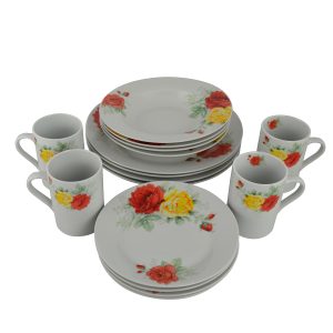 16 PC DINNERWARE SET, RED AND YELLOW FLOWERS