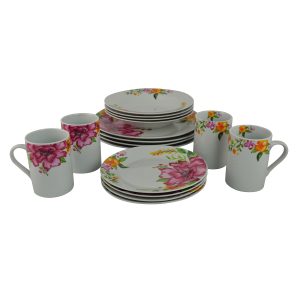 16 PC DINNERWARE SET, PINK & ORANGE FLOWERS