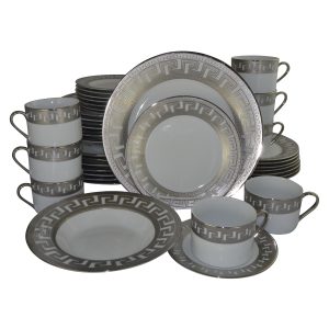 40-PC DINNERWARE SET, GREEK KEY IN SILVER