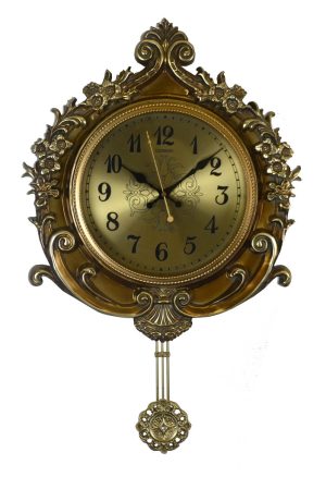Gold Wall Clock Flower Carvings w/ Ornate Pendulum