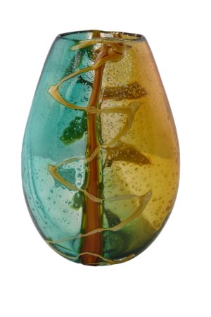 10.5X7 FLAT OVAL BLUE & AMBER VASE