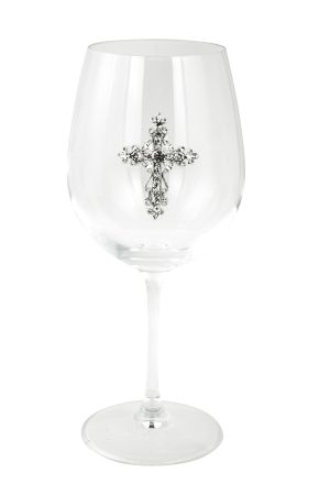 STEMMED WINE GLASS, CROSS W/ CRYSTALS