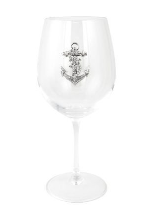 STEMMED WINE GLASS, ANCHOR W/ SKULL