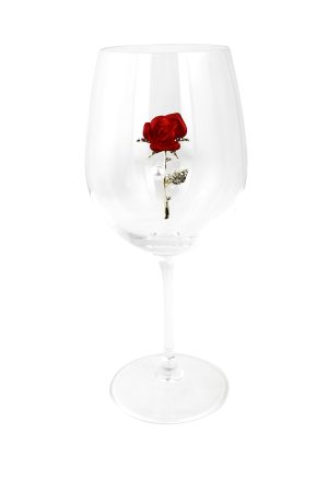 STEMMED WINE GLASS, RED ROSE W/ PEARL