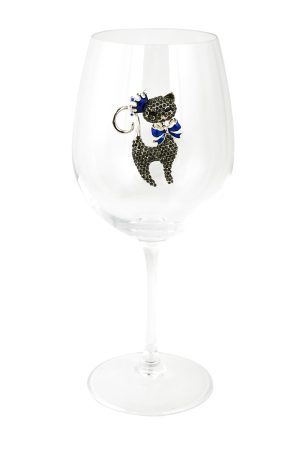 STEMMED WINE GLASS, CAT W/ BLUE BOW