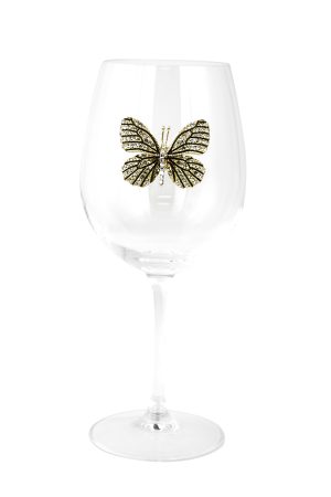 STEMMED WINE GLASS, BLK & GOLD BUTTERFLY