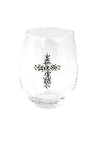 STEMLESS WINE GLASS, CROSS W/ CRYSTALS