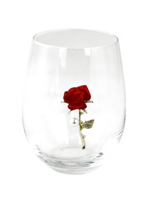 STEMLESS WINE GLASS, RED ROSE W/ PEARL