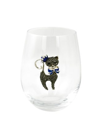STEMLESS WINE GLASS, CAT W/ BLUE BOW
