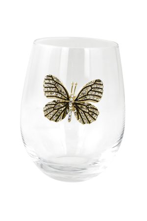 STEMLESS WINE GLASS, BLK & GOLD BUTTERFLY