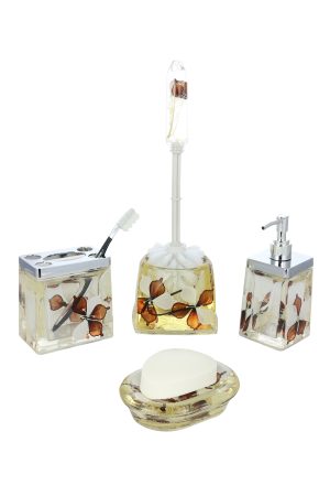 5-PC BATHROOM SET, BROWN & WHT FLOWERS