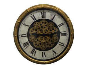 17" ANT. GOLD AND BEIGE WALL CLOCK W/ MOVING GEARS