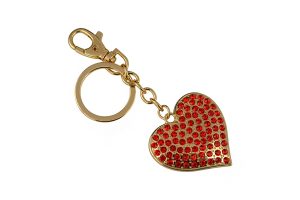 KEYCHAIN, GOLD & RED CRYSTAL HEART