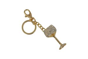 KEYCHAIN, GOLD & CRYSTAL WINE GLASS