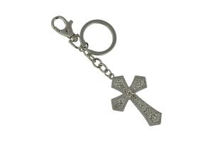 KEYCHAIN, SILVER & CRYSTAL CROSS W/ STUD